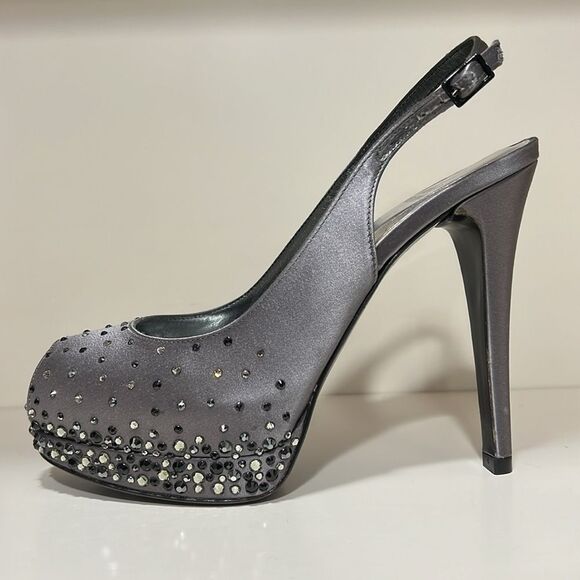 Stuart Weitzman Gray Satin With Silver & Black Rhinestone Platform Heels - Picture 3 of 7